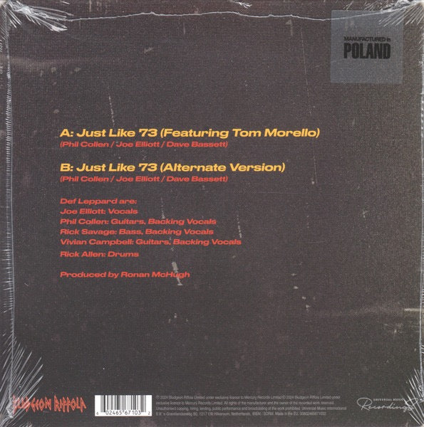 Image of Back Cover of 7" - VG+/VG+ - DEF LEPPARD, Just Like 73 (Bludgeon Riffola; 00602465671032, Worldwide 2024, Picture Sleeve), Sleeve still in opened shrinkwrap,  - 1916441C