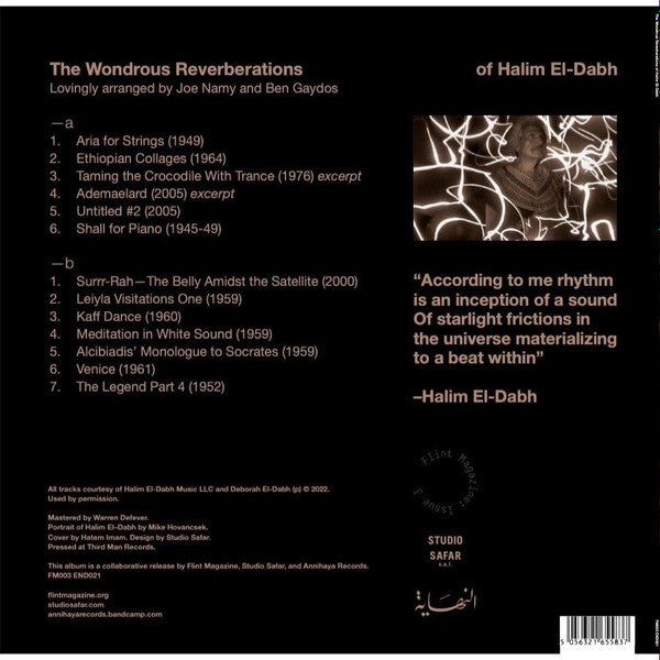 Image of Back Cover of LP - VG+/EX - HALIM EL-DABH, The Wondrous Reverberations of Halim El-Dabh (Flint Magazine; FM003 END021, US 2022, Picture Sleeve, Insert), Sleeve has a very light dint. Black vinyl version,  - 1926183E