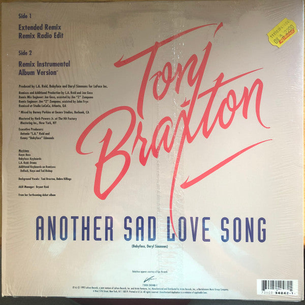 Image of Back Cover of 12" - VG/VG - TONI BRAXTON, Another Sad Love Song (LaFace Records; 73008-24048-1, US 1993), Import sticker on shrink-wrap. Some wear along sleeve opening,  - 1916467C