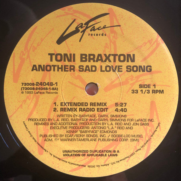 Image of Label Cover of 12" - VG/VG - TONI BRAXTON, Another Sad Love Song (LaFace Records; 73008-24048-1, US 1993), Import sticker on shrink-wrap. Some wear along sleeve opening,  - 1916467C