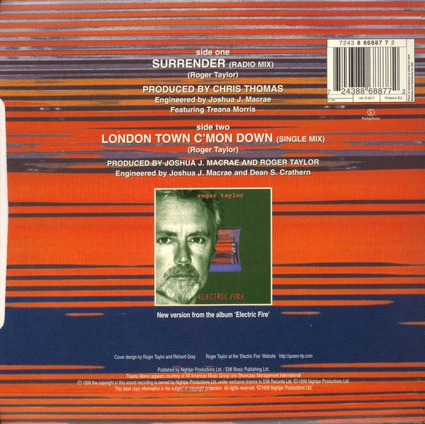 Image of Back Cover of 7" - VG/VG - ROGER TAYLOR, Surrender (Parlophone; 7243 8 86887 7 2, UK 1999, Picture Sleeve, Numbered Limited Edition Picture Disc), No.6020,  - 1916454C