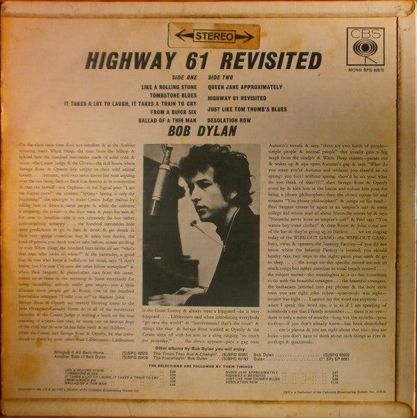 Image of Back Cover of LP - G+/EX - BOB DYLAN, Highway 61 Revisited (CBS; SBPG 62572, UK 1967 Reissue, Laminated Flipback Sleeve, Company Inner, MONO Sleeve, STEREO Disc), Spine split and stains. Immaculate disc.,  - 1946281S