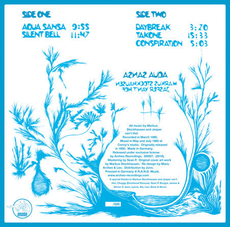 Image of Back Cover of LP - VG+/VG+ - MARKUS STOCKHAUSEN, JASPER VAN'T HOF, Aqua Sansa (Archeo Recordings; AR007, Italy 2016, Textured Sleeve, Insert, Numbered, Limited to 100 Copies on White Vinyl), No. 39. Corner bump and crease to sleeve and insert.,  - 1926354E
