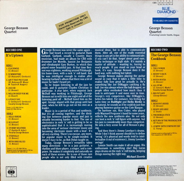 Image of Back Cover of 2xLP - VG+/VG+ - GEORGE BENSON QUARTET, It's Uptown / The George Benson Cookbook (Blue Diamond; CBS 22187, UK & Europe 1985), Slight crease in sleeve. ,  - 3526218E