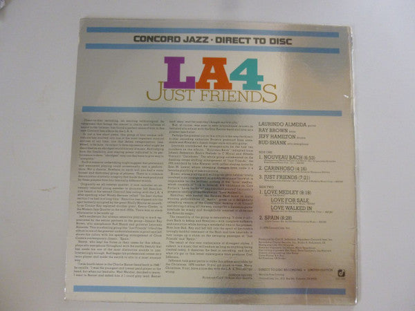 Image of Back Cover of LP - VG/VG+ - LA4, Just Friends (Concord Jazz; CJD-1001, US 1978, Metallic Sleeve), A few light hairlines only.,  - 1926334E