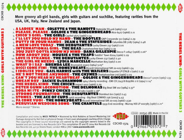 Image of Back Cover of CD - VG+/VG+ - VARIOUS, The Rebel Kind: Girls With Guitars 3 (Ace; CDCHD 1374, UK 2014, Jewel Case), ,  - 2336006E