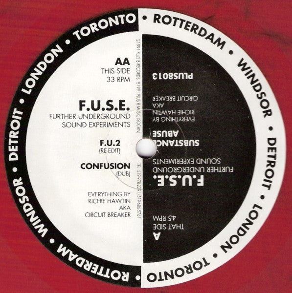 Image of Back Cover of 12" - VG+/VG+ - F.U.S.E., Substance Abuse (Plus 8 Records; PLUS8013, Canada 1991, Stickered Plain Sleeve, Limited Edition, Red Vinyl.), Highlighter on centre label. Very minor ringwear to sleeve.,  - 2026075E