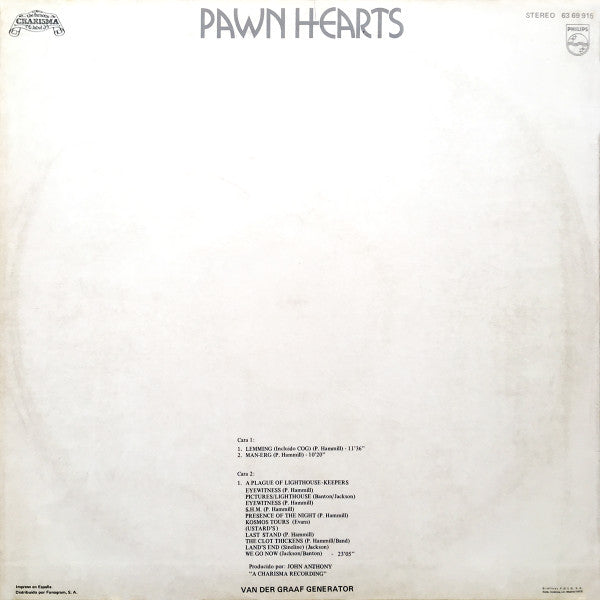Image of Back Cover of LP - VG/VG - VAN DER GRAAF GENERATOR, Pawn Hearts (Philips; 63 69 915, Spain 1972, Laminated Sleeve, Alternative cover, "Ustard's" misprint), Strong VG - glossy vinyl with light hairlines only. Some ring wear and laminate creasing across cover. ,  - 1926336E
