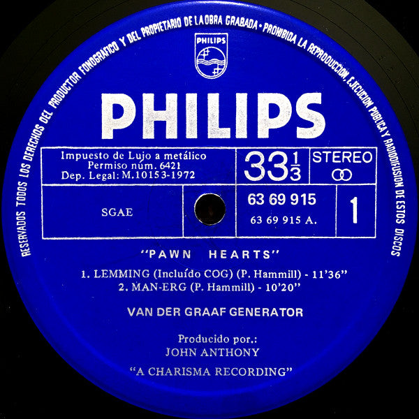 Image of Label Cover of LP - VG/VG - VAN DER GRAAF GENERATOR, Pawn Hearts (Philips; 63 69 915, Spain 1972, Laminated Sleeve, Alternative cover, "Ustard's" misprint), Strong VG - glossy vinyl with light hairlines only. Some ring wear and laminate creasing across cover. ,  - 1926336E