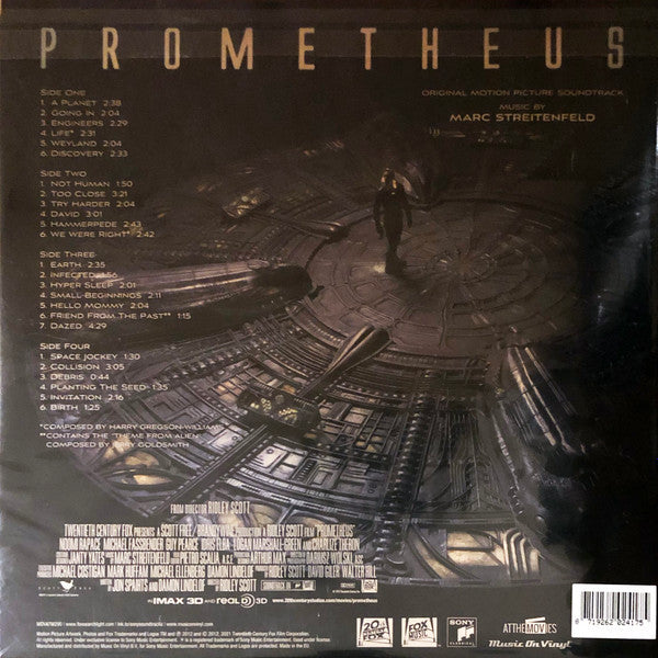 Image of Back Cover of 2xLP - VG+/EX - MARC STREITENFELD, Prometheus (Original Motion Picture Soundtrack) (Music On Vinyl; MOVATM290, Europe 2022 Reissue, Glossy Gatefold Sleeve, Booklet & Inner, 180 gram. Includes 4-page booklet with movie-stills plus litho.), Discs look barely played, sleeve looks excellent apart from very minor corner wear. Insert and booklet included. At The Movies sticker on plastic over-sleeve has some wear,  - 1926382E