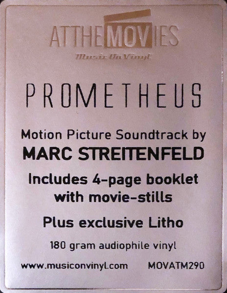 Image of Label Cover of 2xLP - VG+/EX - MARC STREITENFELD, Prometheus (Original Motion Picture Soundtrack) (Music On Vinyl; MOVATM290, Europe 2022 Reissue, Glossy Gatefold Sleeve, Booklet & Inner, 180 gram. Includes 4-page booklet with movie-stills plus litho.), Discs look barely played, sleeve looks excellent apart from very minor corner wear. Insert and booklet included. At The Movies sticker on plastic over-sleeve has some wear,  - 1926382E