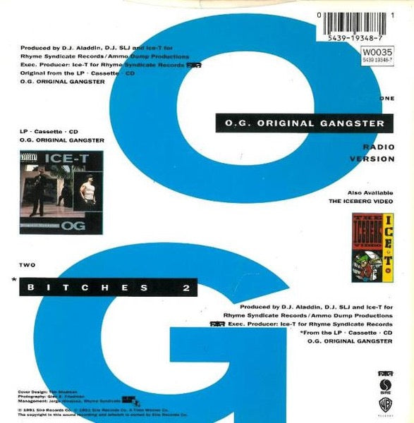Image of Back Cover of 7" - VG+/EX - ICE-T, O.G. Original Gangster / Bitches 2 (Sire; W0035, UK 1991, Picture Sleeve), Light ringwear on sleeve.,  - 3256050S