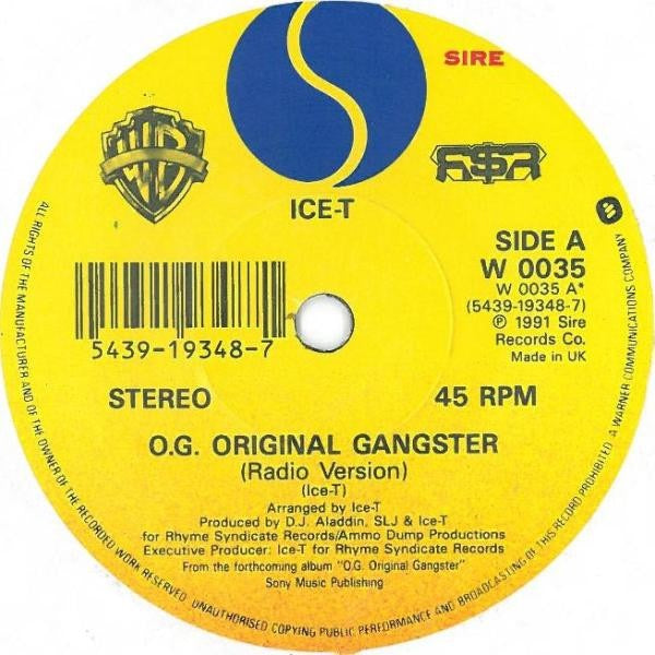 Image of Label Cover of 7" - VG+/EX - ICE-T, O.G. Original Gangster / Bitches 2 (Sire; W0035, UK 1991, Picture Sleeve), Light ringwear on sleeve.,  - 3256050S