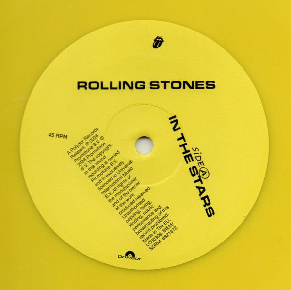 Image of Label Cover of 10" - NEW/NEW - ROLLING STONES, In The Stars (Polydor; 8821372, Europe 2026, Limited Edition, Yellow Vinyl), , The Rolling Stones have come storming out of the traps with a blisteringly powerful new rocker set to rattle windows and ignite speakers across the globe. Delivering a high-voltage surge of energy from the very first note, the track captures the band at their most electrifying and impossible to ignore.Frontman Mick Jagger leads the charge with high-octane vocals, bringing 