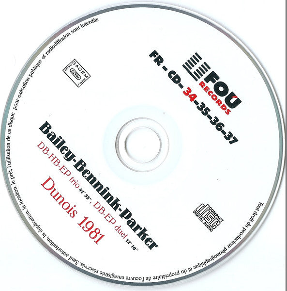 Image of Label Cover of 4xCD - VG+/VG+ - DEREK BAILEY - HAN BENNINK - EVAN PARKER, Topographie Parisienne (Dunois, April 3d, 1981) (Fou Records; FR - CD 34-35-36-37, France 2019, Box Set, Booklet), ,  - 2036017E