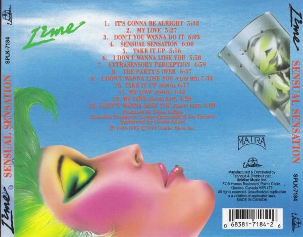 Image of Back Cover of CD - VG+/VG+ - LIME, Sensual Sensation (Unidisc; SPLK-7184, Canada 1994 Reissue, Jewel Case), ,  - 2016068C