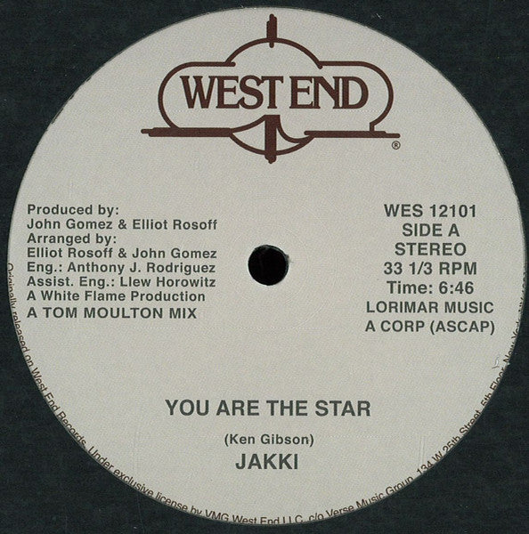 Image of Front Cover of 12" - /VG - JAKKI / SOUNDS OF INNER CITY, You Are The Star / Mary Hartman, Mary Hartman (West End Records; WES 12101, UK 2014), light marks only,  - 2046050S