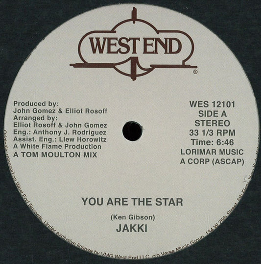 Image of Front Cover of 12" - /VG - JAKKI / SOUNDS OF INNER CITY, You Are The Star / Mary Hartman, Mary Hartman (West End Records; WES 12101, UK 2014), light marks only,  - 2046050S
