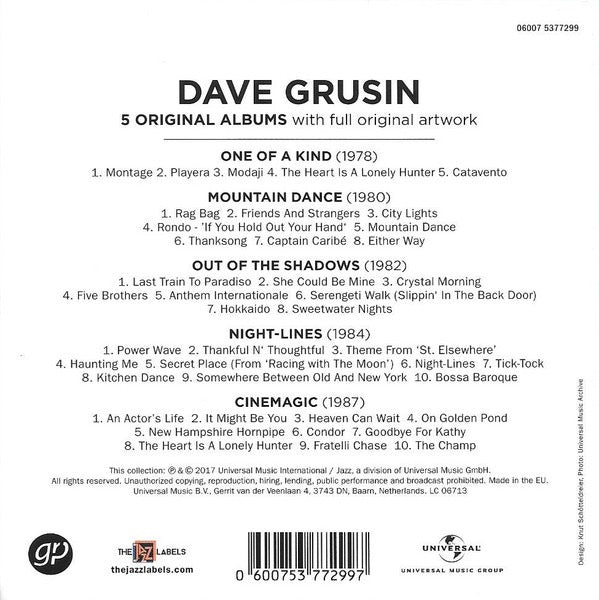 Image of Back Cover of 5xCD - EX/EX - DAVE GRUSIN, 5 Original Albums (The Jazz Labels; 06007 5377299, Europe 2017, Box Set, 5 Inners), ,  - 2016078C