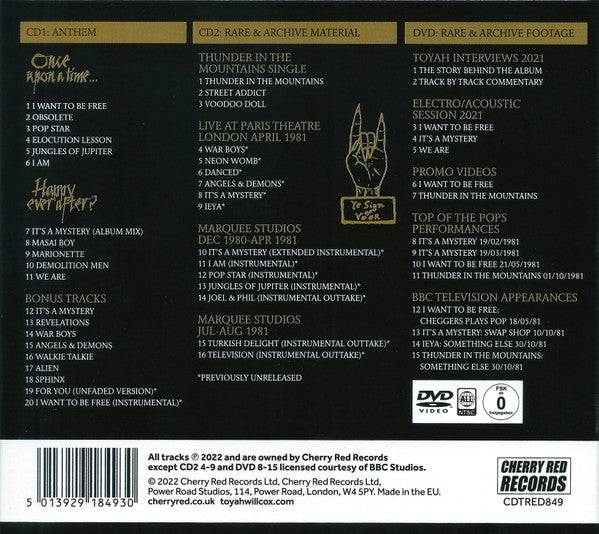 Image of Back Cover of 2xCD - VG+/VG+ - TOYAH, Anthem (Cherry Red; CDTRED849, Europe 2022 Reissue, Booklet, 2 CD & 1 DVD), Corner Bumps,  - 2016085C