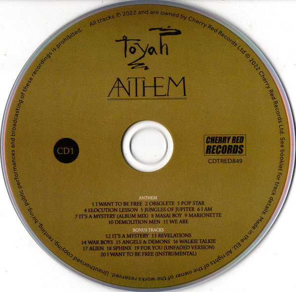 Image of Label Cover of 2xCD - VG+/VG+ - TOYAH, Anthem (Cherry Red; CDTRED849, Europe 2022 Reissue, Booklet, 2 CD & 1 DVD), Corner Bumps,  - 2016085C