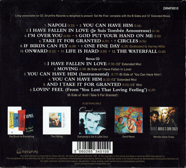 Image of Back Cover of 2xCD - VG+/VG+ - CARMEL, Set Me Free (Drumfire; DRMFR010, UK 2012 Reissue), Corner Bumps, Opened Instore,  - 2016093C