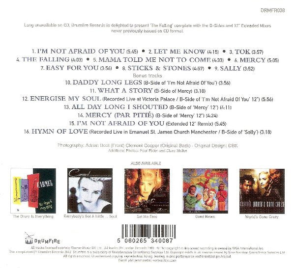 Image of Back Cover of CD - VG+/VG+ - CARMEL, The Falling (Drumfire; DRMFR008, UK 2012 Reissue), Opened Instore,  - 2016095C