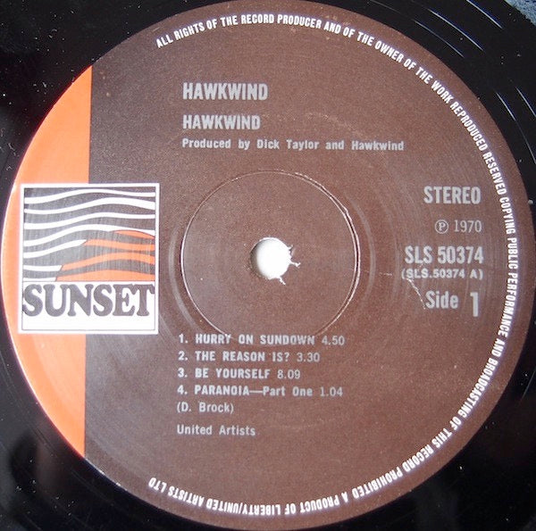 Image of Label Cover of 5144129S: LP - HAWKWIND, Hawkwind (Sunset; SLS 50374, UK 1975 Reissue, Front Laminated Single Sleeve, No Poster) Strong VG all around.  VG/VG