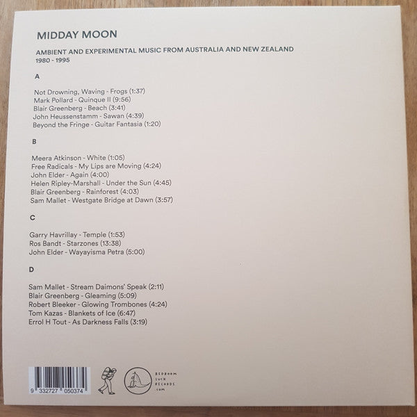 Image of Back Cover of 2xLP - EX/EX - VARIOUS ARTISTS, Midday Moon - Ambient And Experimental Music From Australia And New Zealand 1980 - 1995 (Bedroom Suck Records ; BSR - 082, Australia 2018, Gatefold, Insert), Stickered Plastic Outer Sleeve,  - 1926430E