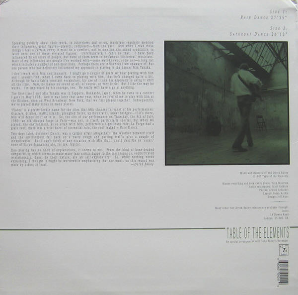 Image of Back Cover of LP - VG/EX - DEREK BAILEY WITH MIN TANAKA, Music And Dance (Table Of The Elements; 40 Zr, US 1997 Reissue), ,  - 2026052E