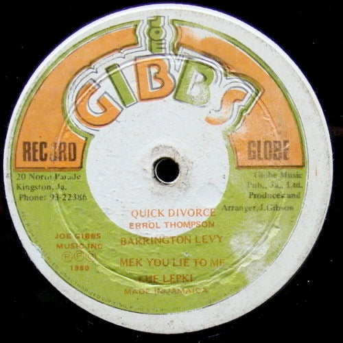 Image of Front Cover of 12" - /G+ - BARRINGTON LEVY / LOUIE LEPKIE / JOE GIBBS & THE PROFESSIONALS, Quick Divorce / Mek You Lie To Me / G'Wan And Lef Me (Joe Gibbs Record Globe; , Jamaica 1980), Visual scuffs, pressing flaws; sounds VG, bit of crackle on side B. Clean labels.,  - 2016131C