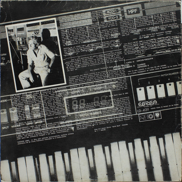 Image of Back Cover of LP - G+/VG - JUAN BLANCO, M sica Electroac stica (Areito ; LD 4211, Cuba 1986, Textured Sleeve), Library Stamps and Stickers on Sleeve And Labels, Edge and Ring Wear,  - 1926419E