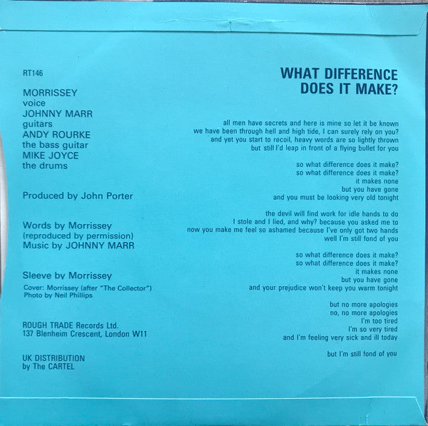 Image of Back Cover of 7" - VG/VG - THE SMITHS, What Difference Does It Make? (Rough Trade; RT 146, UK 1984, Morrissey Cover, Cursive Rough Trade Logo on Label, Solid Centre), Edge and ring wear. Disc essentially VG+ with one unfeelable hairline.,  - 2056063S