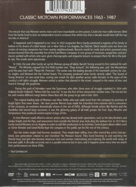 Image of Back Cover of 4xDVD - EX/EX - SMOKEY ROBINSON & THE MIRACLES, THE TEMPTATIONS, THE SUPREMES AND MARVIN GAYE, Classic Motown Performances 1963 - 1987 (Universal Music Entertainment; 0602514732376, Europe 2009, Box Set, Insert), SEALED,  - 2056045S