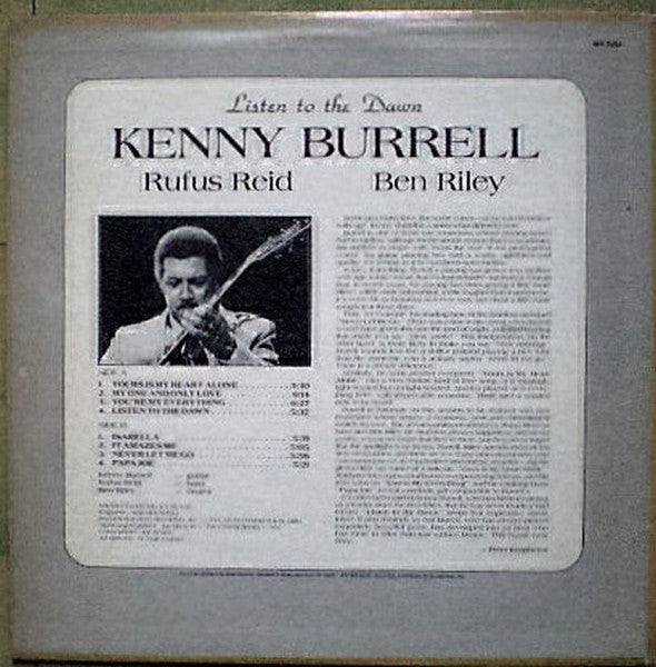 Image of Back Cover of LP - G+/G+ - KENNY BURRELL, RUFUS REID, BEN RILEY, Listen To The Dawn (Muse Records; MR 5264, US 1983), Marks on disc. Plays above grade. wear to sleeveat edges & ringwear. Teal on teh back. Writing on back of sleeve.,  - 2026094E