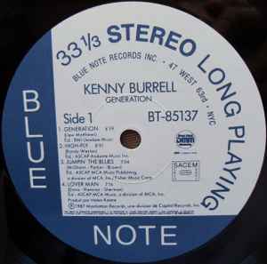 Image of Label Cover of LP - VG/VG+ - KENNY BURRELL & THE JAZZ GUITAR BAND, Generation (Blue Note; BT 85137, France & Benelux 1987, DMM (Direct Metal Mastering)), Lightest craesing arund edges of sleeve. Evidence of previous price sticker & ringwear. Writing on back of sleeve.,  - 2026097E