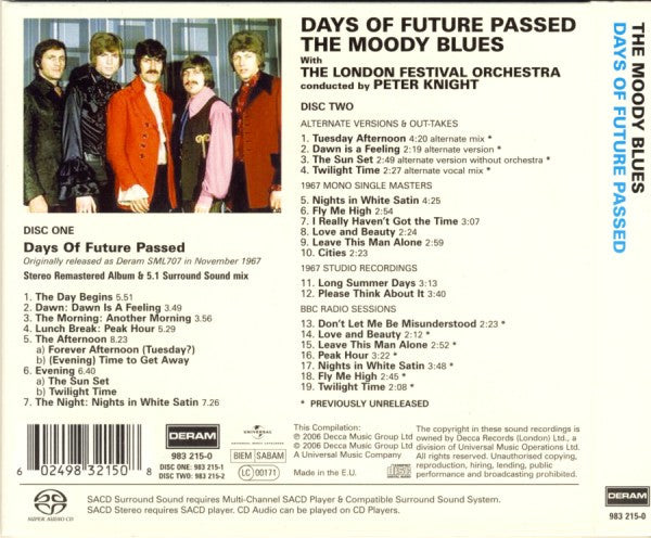 Image of Back Cover of 2xCD - EX/EX - THE MOODY BLUES WITH THE LONDON FESTIVAL ORCHESTRA CONDUCTED BY PETER KNIGHT, Days Of Future Passed (Deram; 983 215-0, UK, Europe & US 2006, Deluxe Edition, SACD, Hybrid, Multichannel, Album, RemasteredCD, Compilation), SEALED,  - 2016150C