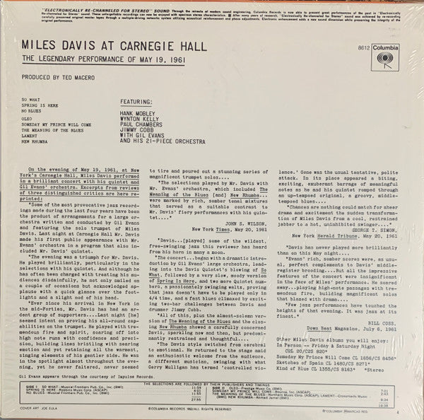 Image of Back Cover of LP - VG/VG+ - MILES DAVIS, Miles Davis At Carnegie Hall (Columbia; 8612, US 2000s Reissue), ,  - 2026065E
