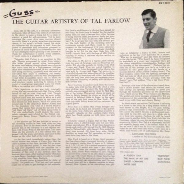 Image of Back Cover of LP - G/VG - TAL FARLOW, The Guitar Artistry Of Tal Farlow (Verve Records; MG V 8370, US 1959), Sleeve held together by spine as both top and bottom seams are split. Liquid stain on rear. Staining. Record has a few light marks - strong VG.,  - 2026070E