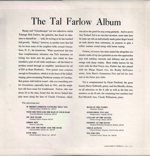 Image of Back Cover of LP - G+/VG - TAL FARLOW, The Tal Farlow Album (Verve Records; MV 2584, Japan 1976 Reissue), Partial seam splits at top and bottom of sleeve. Ringwear, bumped corner, discolouration. Light marks and scuffs on the record - nothing serious.,  - 2026071E