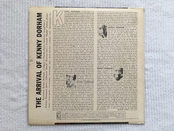 Image of Back Cover of LP - VG/G+ - KENNY DORHAM, The Arrival Of Kenny Dorham (Jaro International; JAS 8007, US 1960, Laminated Front Pasteback Sleeve, Stereo), Hairlines & scuffs, No Jaro Company Inner, edge wear, tape mark on opening edge. Record has a few pops and light surface noise in quiet parts.,  - 2046107S