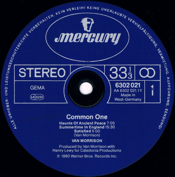 Image of Label Cover of LP - VG/VG - VAN MORRISON, Common One (Mercury; 6302 021, Germany 1980), ,  - 2026074E