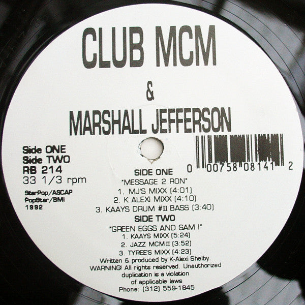 Image of Front Cover of 12" - /VG+ - CLUB MCM & MARSHALL JEFFERSON, Message 2 Ron (Rhythm Beat ; RB 214, US 1992), ,  - 2046102S