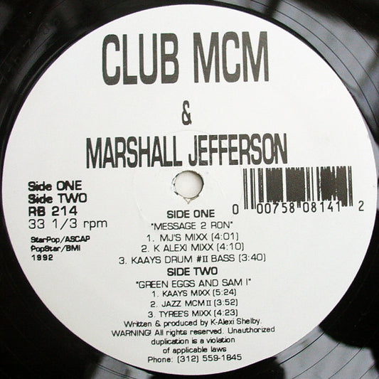 Image of Front Cover of 12" - /VG+ - CLUB MCM & MARSHALL JEFFERSON, Message 2 Ron (Rhythm Beat ; RB 214, US 1992), ,  - 2046102S