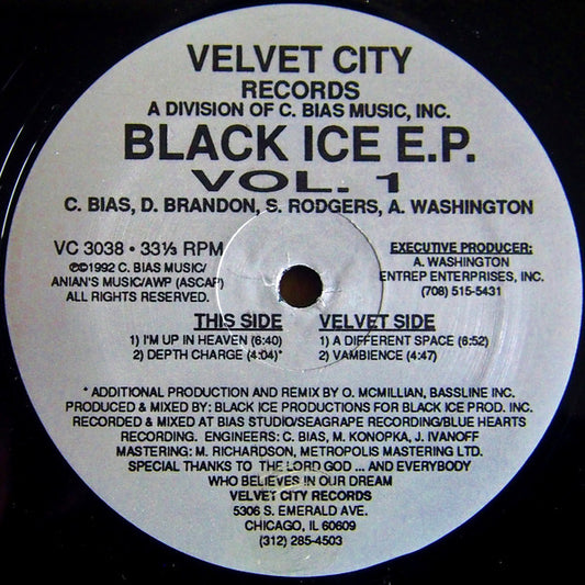 Image of Front Cover of 12" - /VG - BLACK ICE, Black Ice E.P. Vol. 1 (Velvet City Records; VC 3038, US 1992), few light scuffs - minor. pol,  - 2046105S