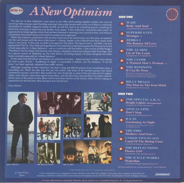 Image of Back Cover of LP - VG/VG+ - VARIOUS, A New Optimism (Situation Two; SITU 11, UK 1984, White Label Test Pressing, Billy Bragg, R.E.M., Redskins, Wah! Etc.), ,  - 2016191C