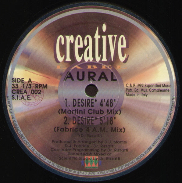 Image of Label Cover of 12" - VG/VG - AURAL, Desire (Creative Label; CREA 002, Italy 1992, Die Cut Company Sleeve), light marks only. original sleeve in great shape!,  - 2046114S