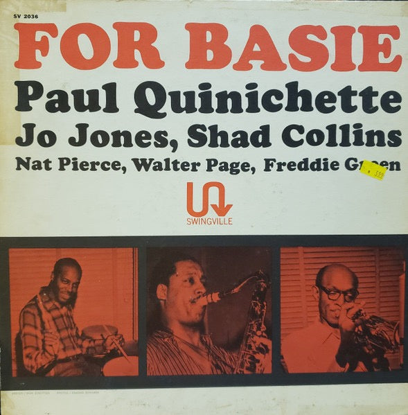 Image of Front Cover of LP - VG/VG - PAUL QUINICHETTE, JO JONES, SHAD COLLINS, NAT PIERCE, WALTER PAGE, FREDDIE GREEN, For Basie (Prestige Swingville; SV 2036, US 1963 Reissue, Pasteback Sleeve, Mono), Light marks only. Shelf wear to sleeve.,  - 2016280C