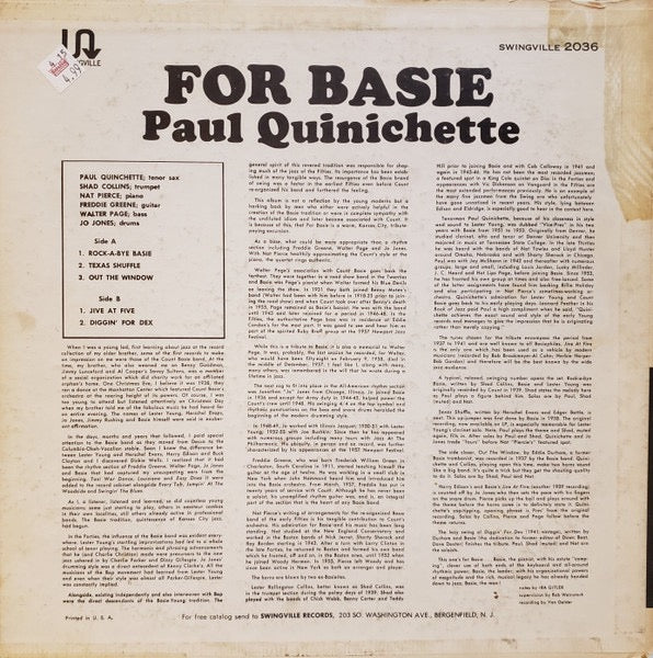Image of Back Cover of LP - VG/VG - PAUL QUINICHETTE, JO JONES, SHAD COLLINS, NAT PIERCE, WALTER PAGE, FREDDIE GREEN, For Basie (Prestige Swingville; SV 2036, US 1963 Reissue, Pasteback Sleeve, Mono), Light marks only. Shelf wear to sleeve.,  - 2016280C