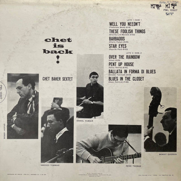 Image of Back Cover of LP - G/VG - CHET BAKER SEXTET, Chet Is Back! (RCA Victor; PML 10307, Italy 1962, Inner), Vinyl is Strong VG, Record Sleeve Seams Split along Top and Bottom, Spine Worn. Inner Has One Seam Split,  - 2026133E